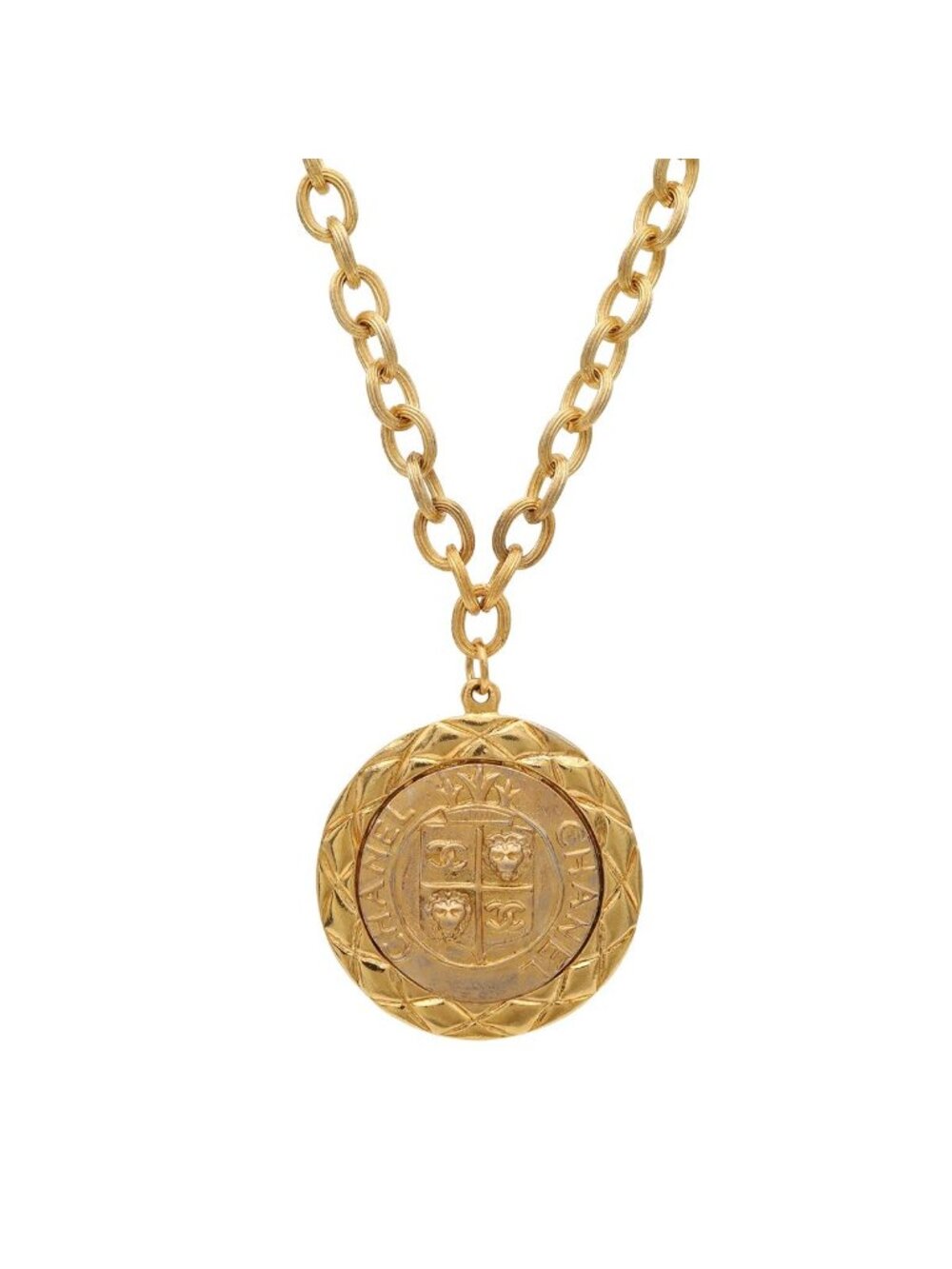 Chanel Medallion CC Logo Lion Chain Pendant Gold Plated Necklace